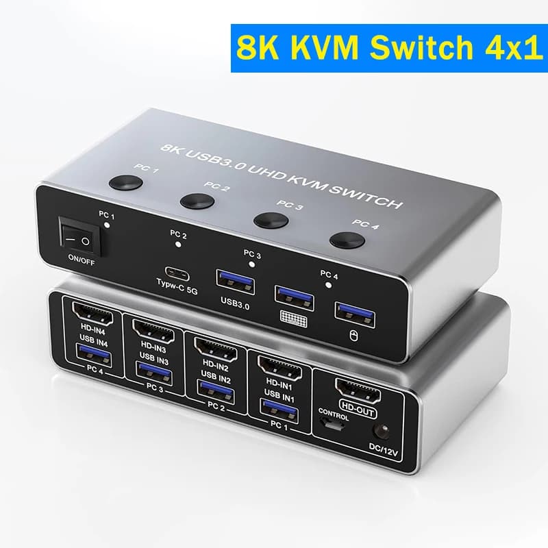 HDMI 8K 4x1 Ultra HD 4K@120Hz Switcher KVM USB 3.0 with 3 USB ports and 1 USB-C for 4 PCs Share Monitor Mouse Keyboard