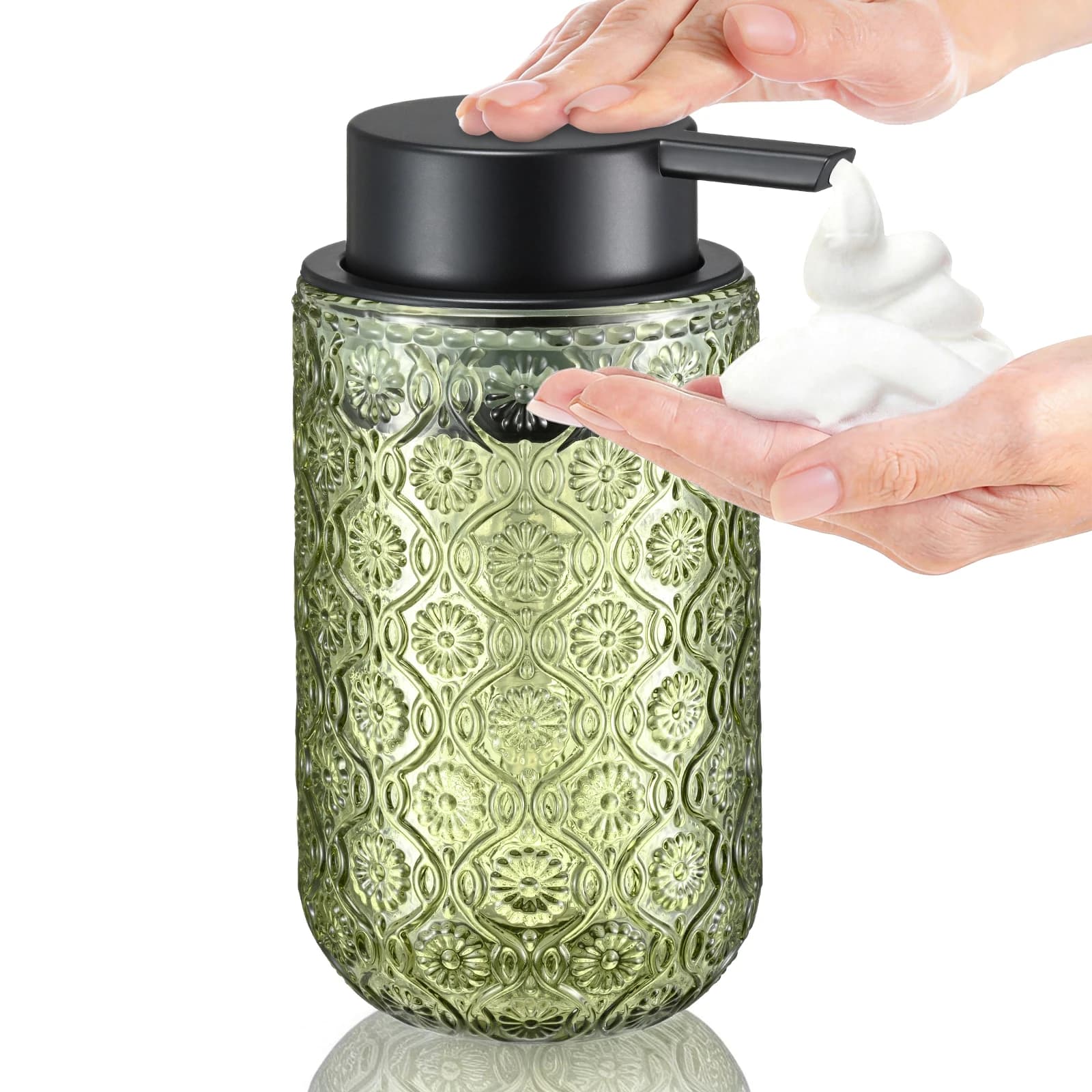 Dispenser di sapone schiumogeno in vetro goffrato in stile vintage — Testa della pompa nera opaca — Adatto per sapone per le mani in bagno e cucina