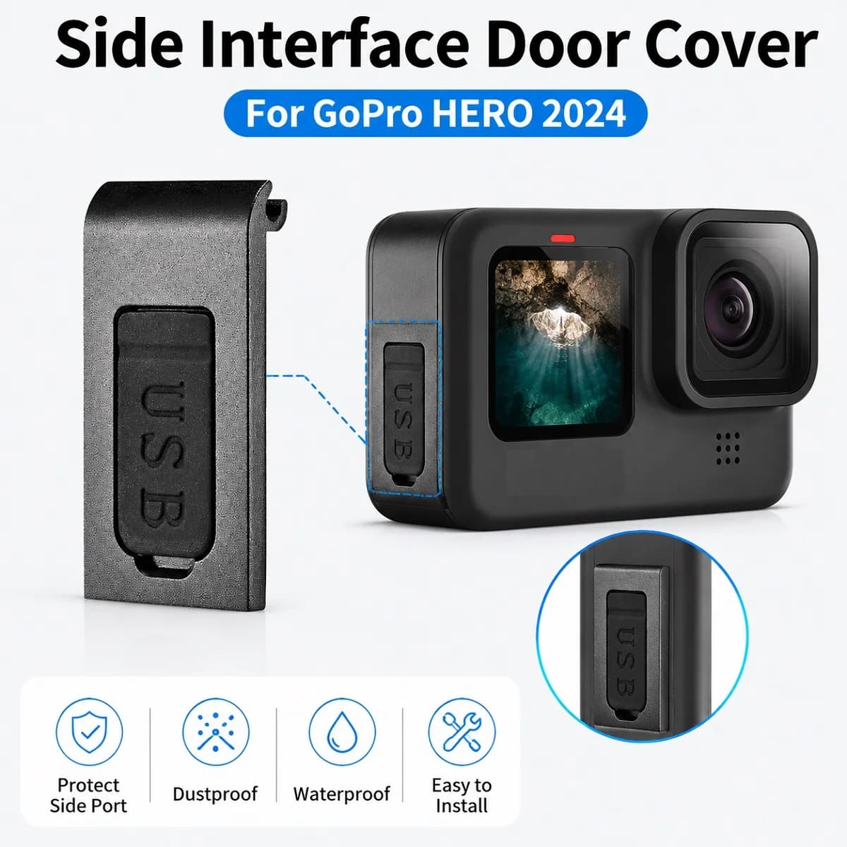 PULUZ For Go Pro Accessories Replacement Plastic Side Interface Door Battery Charging Cover For GoPro HERO 2024 Action Camera