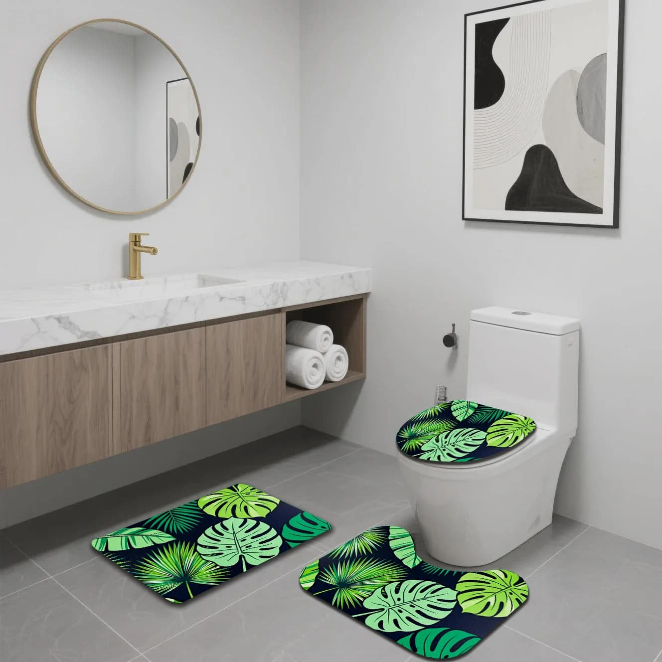 Set Tappetini da Bagno con Stampa Foglie Tropicali, Tappeto per Bagno, Decorazione Casa, Tappetino Doccia con Palme della Giungla, Accessori