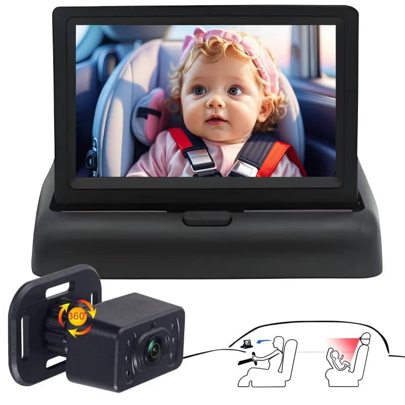Monitor per Auto con Schermo Pieghevole da 4,3 Pollici, Telecamera HD con Visione Notturna per Sedile Posteriore, Monitor di Sicurezza per Tutti i Modelli di Auto