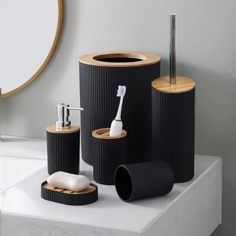Set da bagno in plastica Accessori da bagno di lusso da 6 pezzi Pattumiera Scopino per WC Bottiglia per lozione Spazzolino Tazza Portasapone