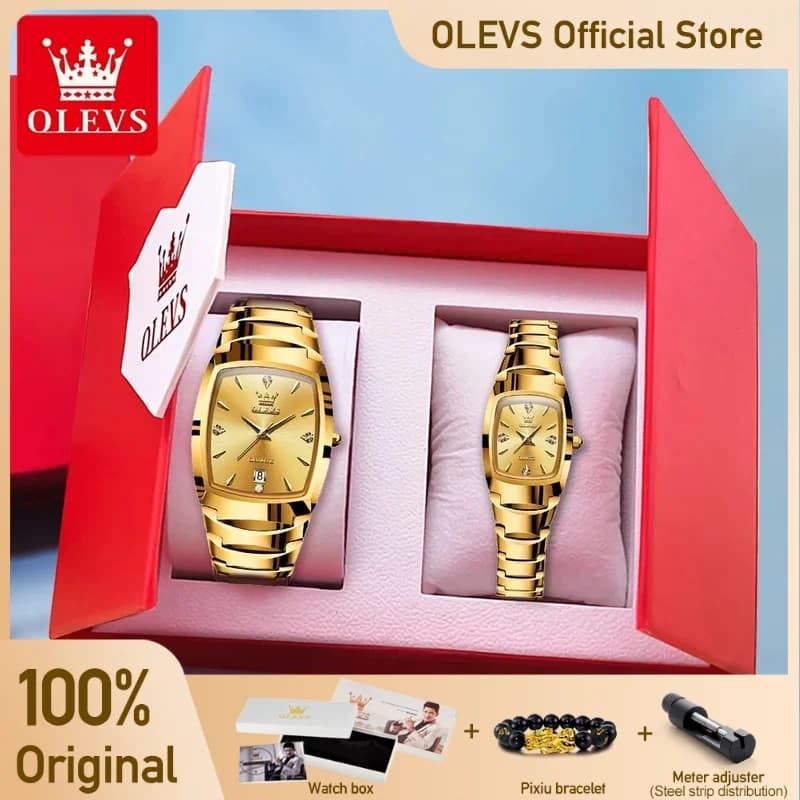 OLEVS 7006 Men's Watch Original Luxury Gold Wrist Watch Waterproof Tungsten Steel Date Watch Set For Him And For Her Anniversary Gift