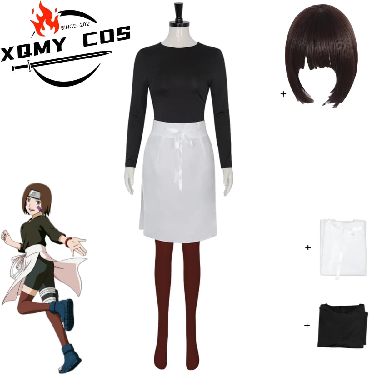 XQAnime Nohara Rin Costume Cosplay Ninja Nero Maniche lunghe Top Gonna Grembiule Parrucca uniforme Donna adulta Carnevale sexy Halloween Sui