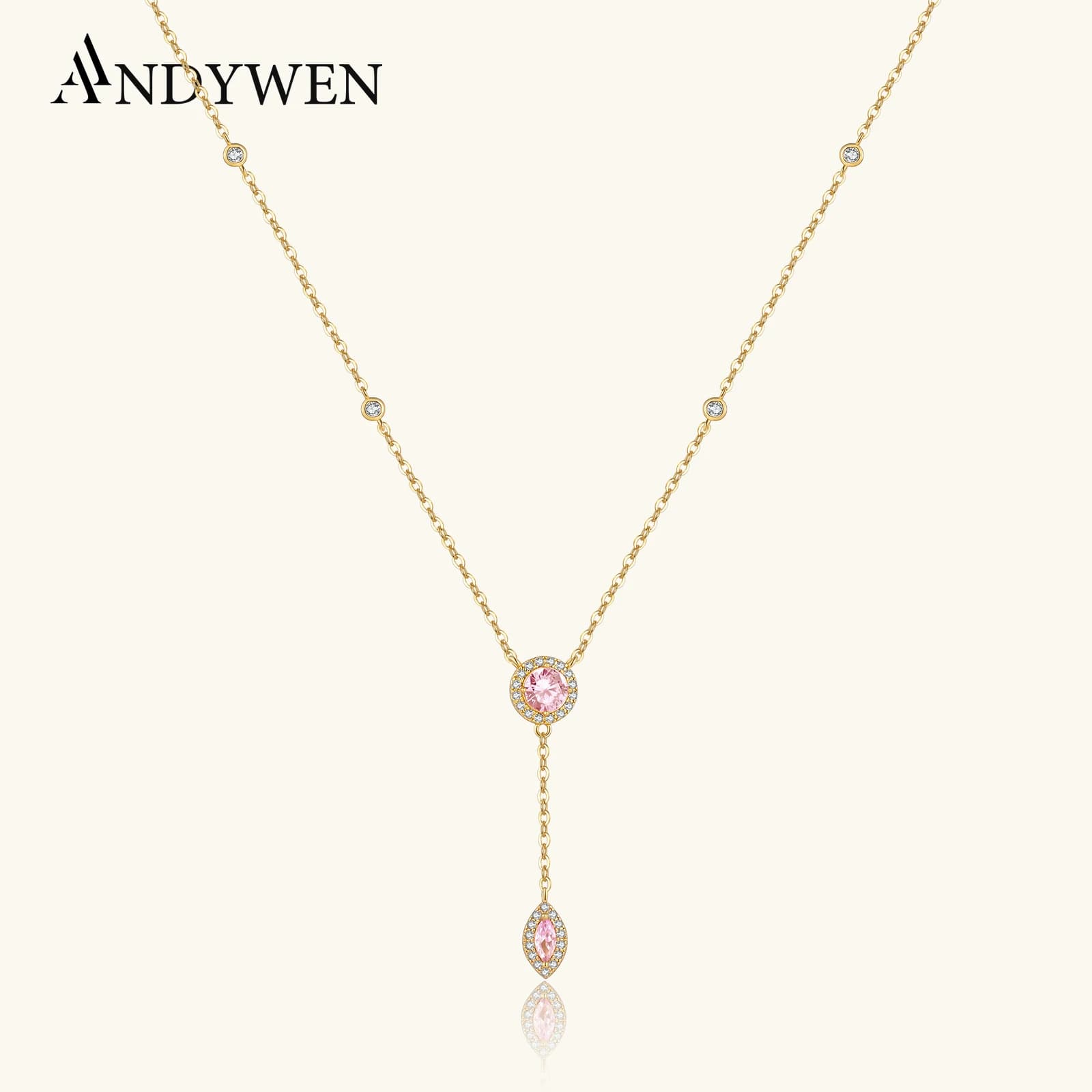 ANDYWEN Collana girocollo in argento sterling 925 a forma di Y con zirconi rosa a forma di pera, dolce regalo di gioielli di lusso per le donne con data notturna
