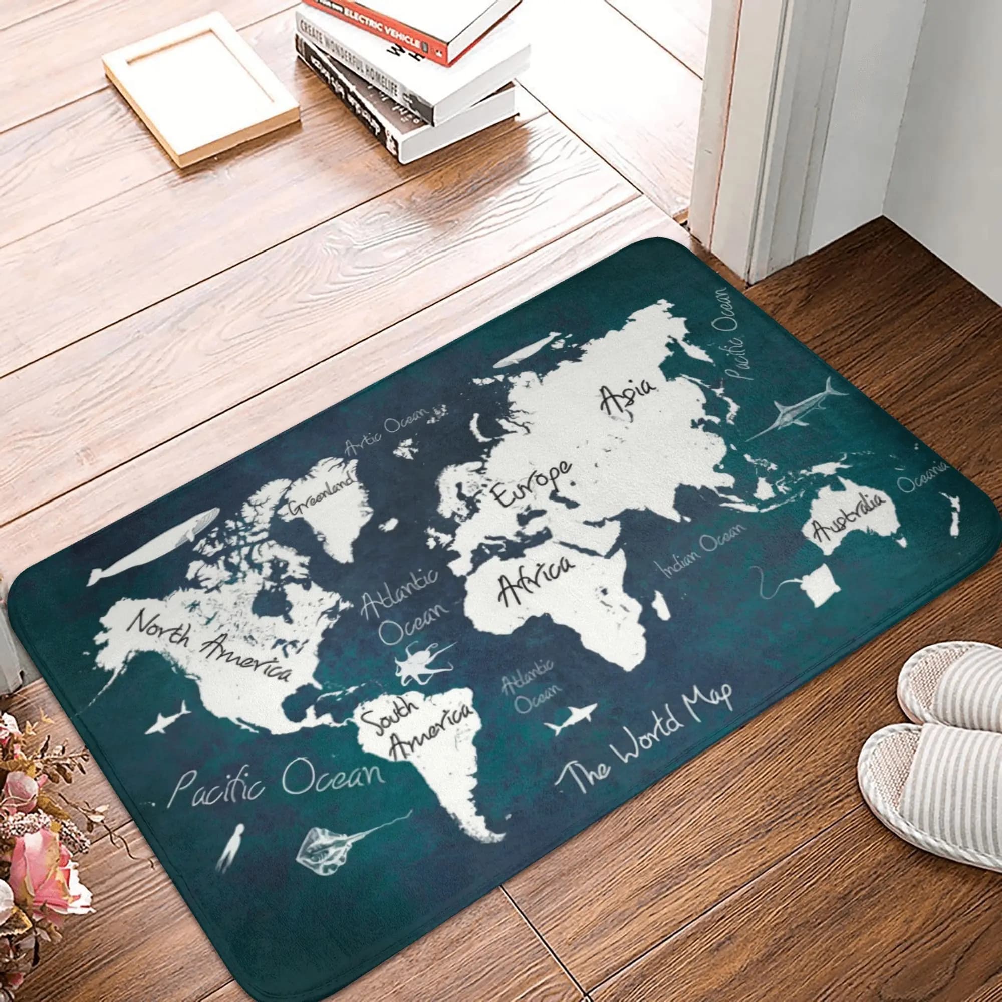 Tappeto con mappa del mondo blu, tappetino antiscivolo per bagno, cucina, giardino