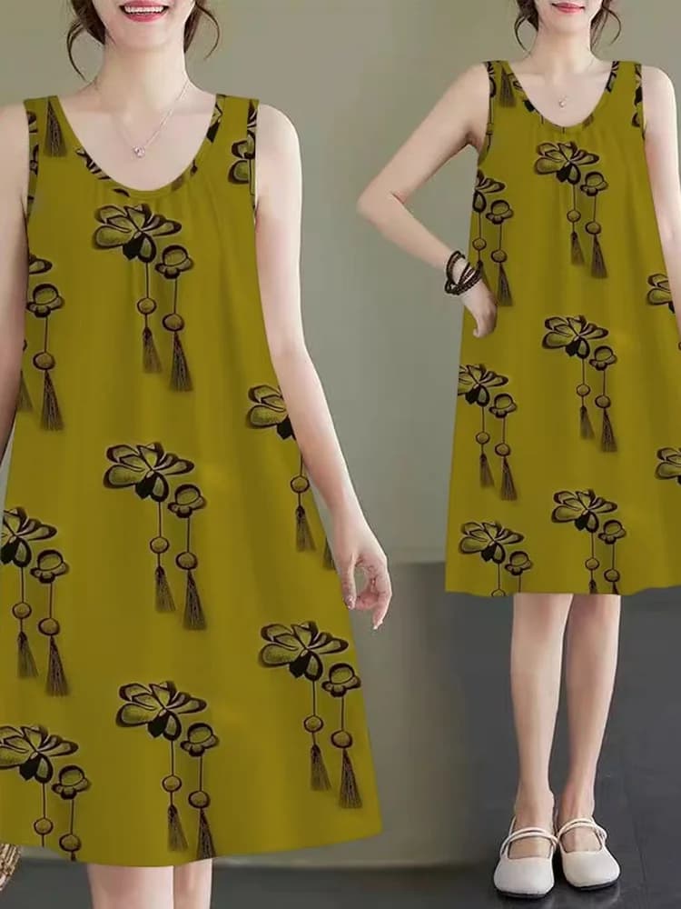 High-End plus Size Svel Materni Summer Dr Casual Loose Waist Printed Polyester Fiber A-Line Skirt Single Piece
