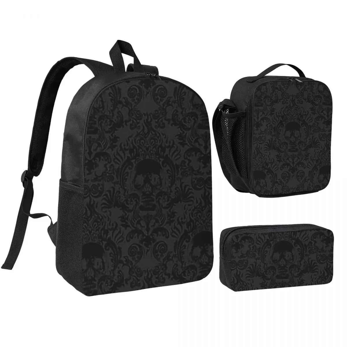 Zaino Gotico Nero con Motivo Teschio Damascato, Borsa per Studenti, Borsa a Tracolla, Set 3 Pezzi con Borsa Termica per il Pranzo e Astuccio