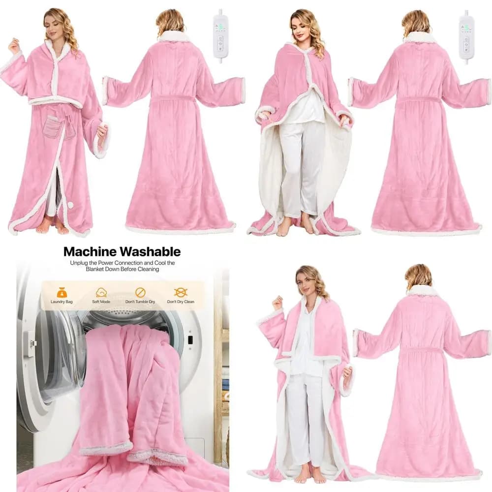Coperta Sherpa in flanella indossabile con 8 livelli di calore, tasche sui piedi e timer - Coperta rosa 50x70 per casa e ufficio