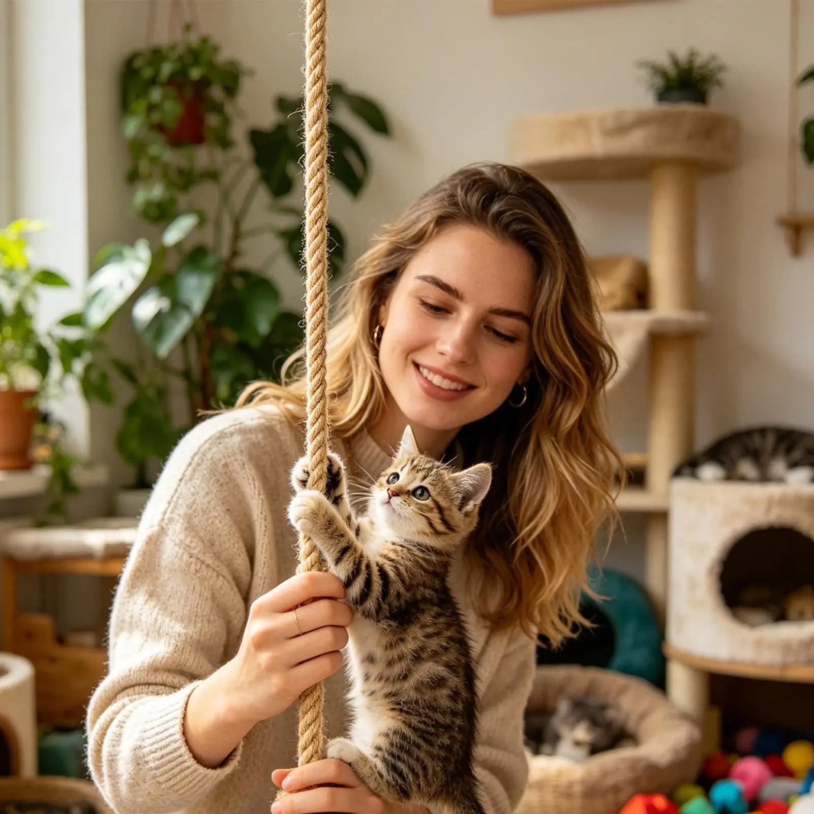 Corda per arrampicata per gatti da 6,56 piedi con tavola da salto, resistente ai morsi, montabile a parete, mensole per gatti per gattini che giocano, si grattano e si riposano
