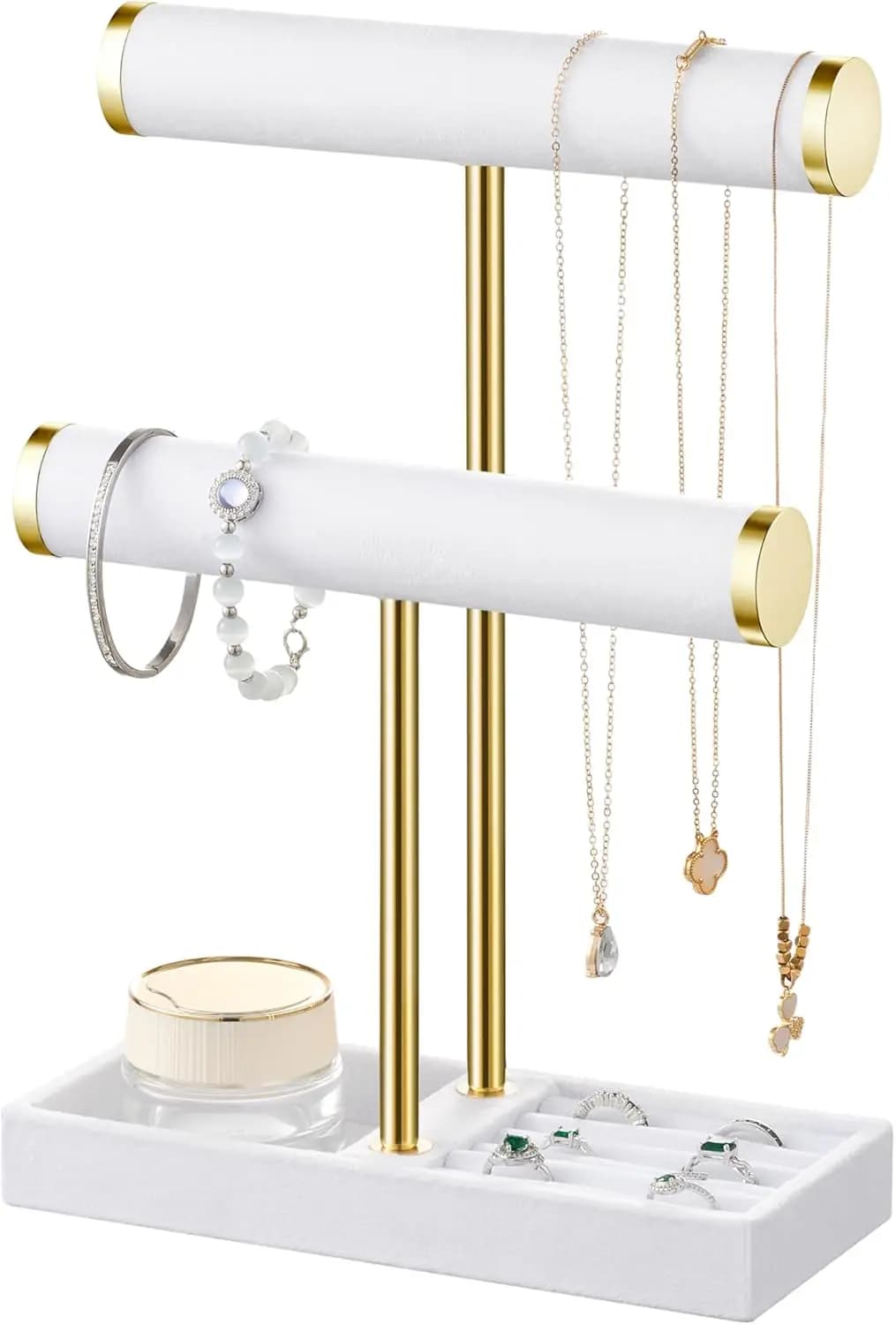 Espositore per Bracciali in Velluto a 2 Livelli Staccabili - Organizzatore di Gioielli Bianco per Bracciali, Collane, Anelli