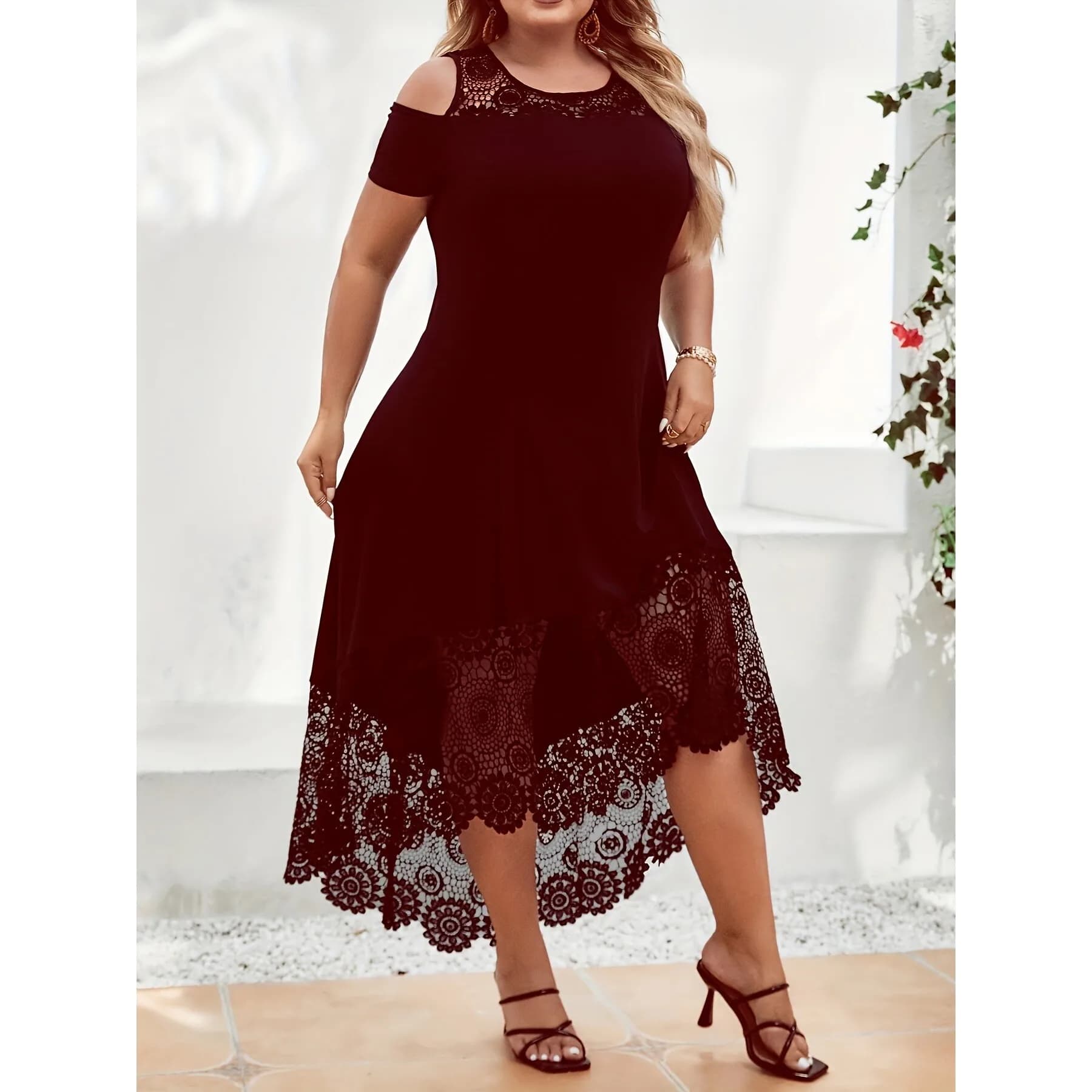 Abito da donna con pizzo e maniche a tre quarti, plissettato, in diversi stili e materiali, 100% Citywalk, adatto per ogni occasione.