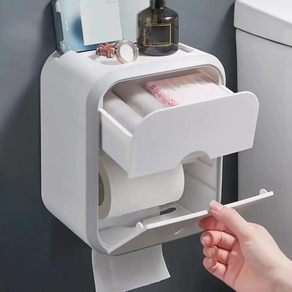 Scatola portaoggetti Organizzatore di carta igienica Impermeabile ad alta capacità antipolvere Portarotolo di carta montato a parete per bagno Forniture per la casa