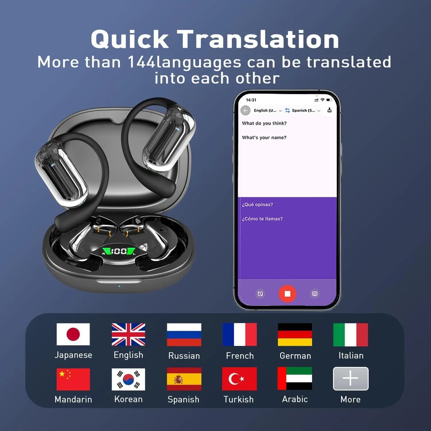 Auxiliary wireless translation with OWS AI Real-time Auricolari BT 5.4 with 144 traditional online languages for business trips