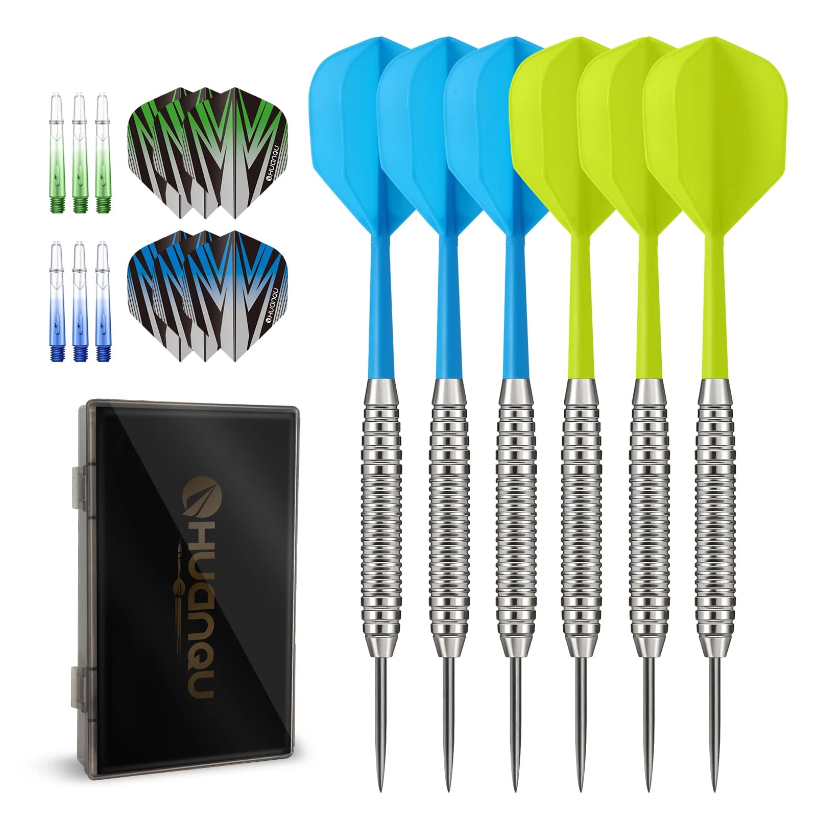 HUANQU 6Pcs 18g Iron Steel Tip Darts Set Anti Slip Ring Grip 2BA Thread Flights Shafts Replacement Set for Adults Home Bar Game