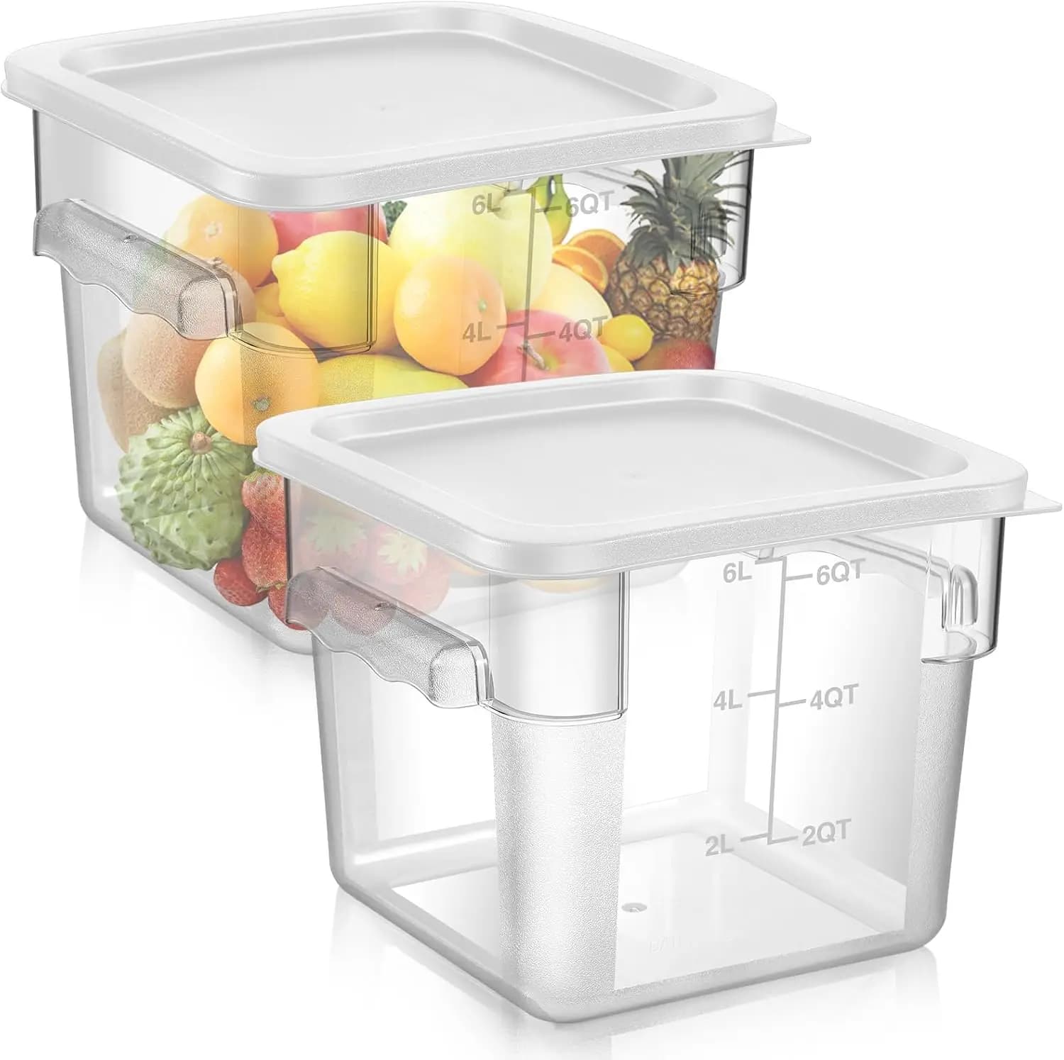 2 Containers Square for Foods in Transparent Polycarbonate with Cover, Commercial Containers with Graduations for C