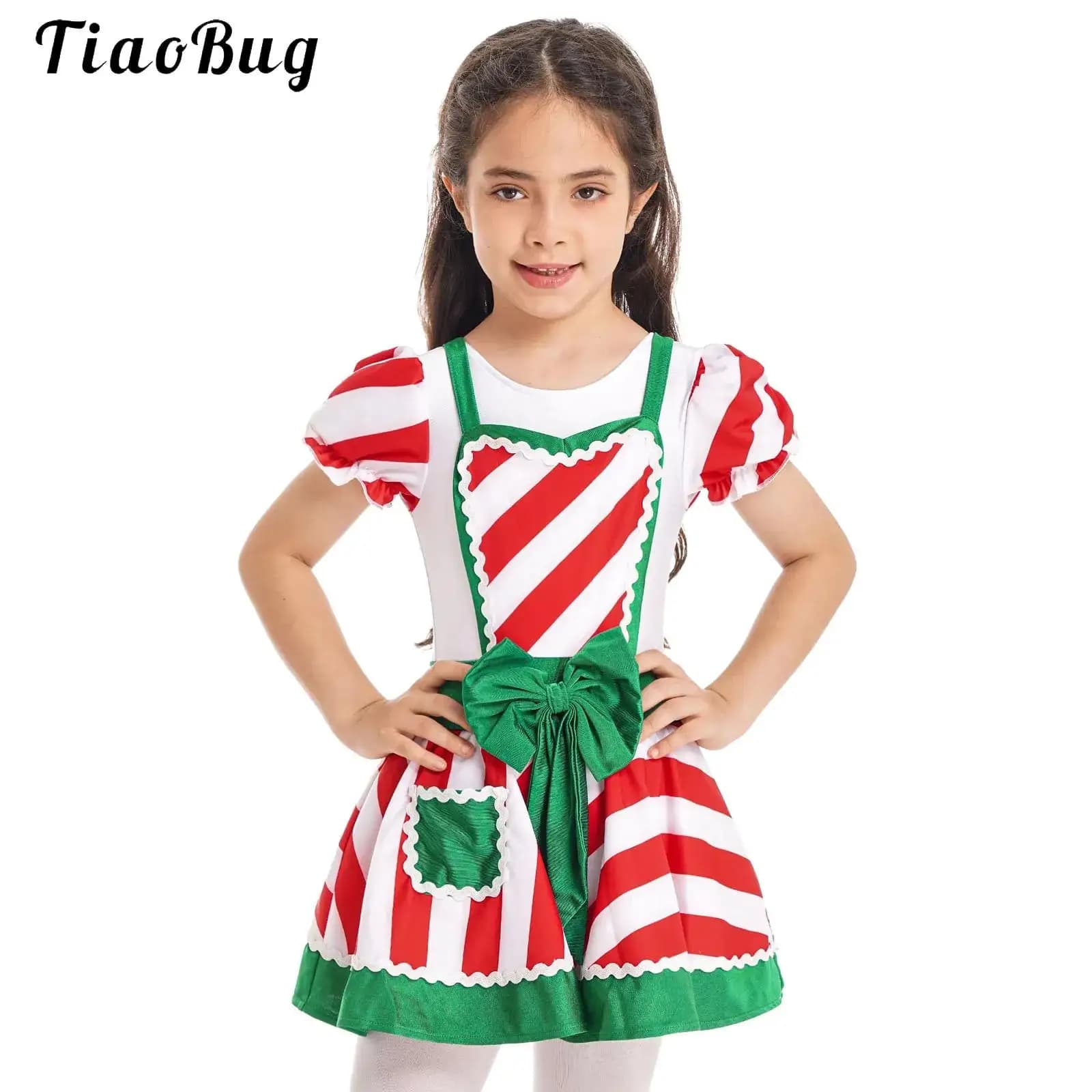 Ragazze del capretto Miss Babbo Natale Vestito Candy Cane a righe Bowknot Tutu Body Figura Pattinaggio su ghiaccio Vestito Natale Balletto Costume di danza