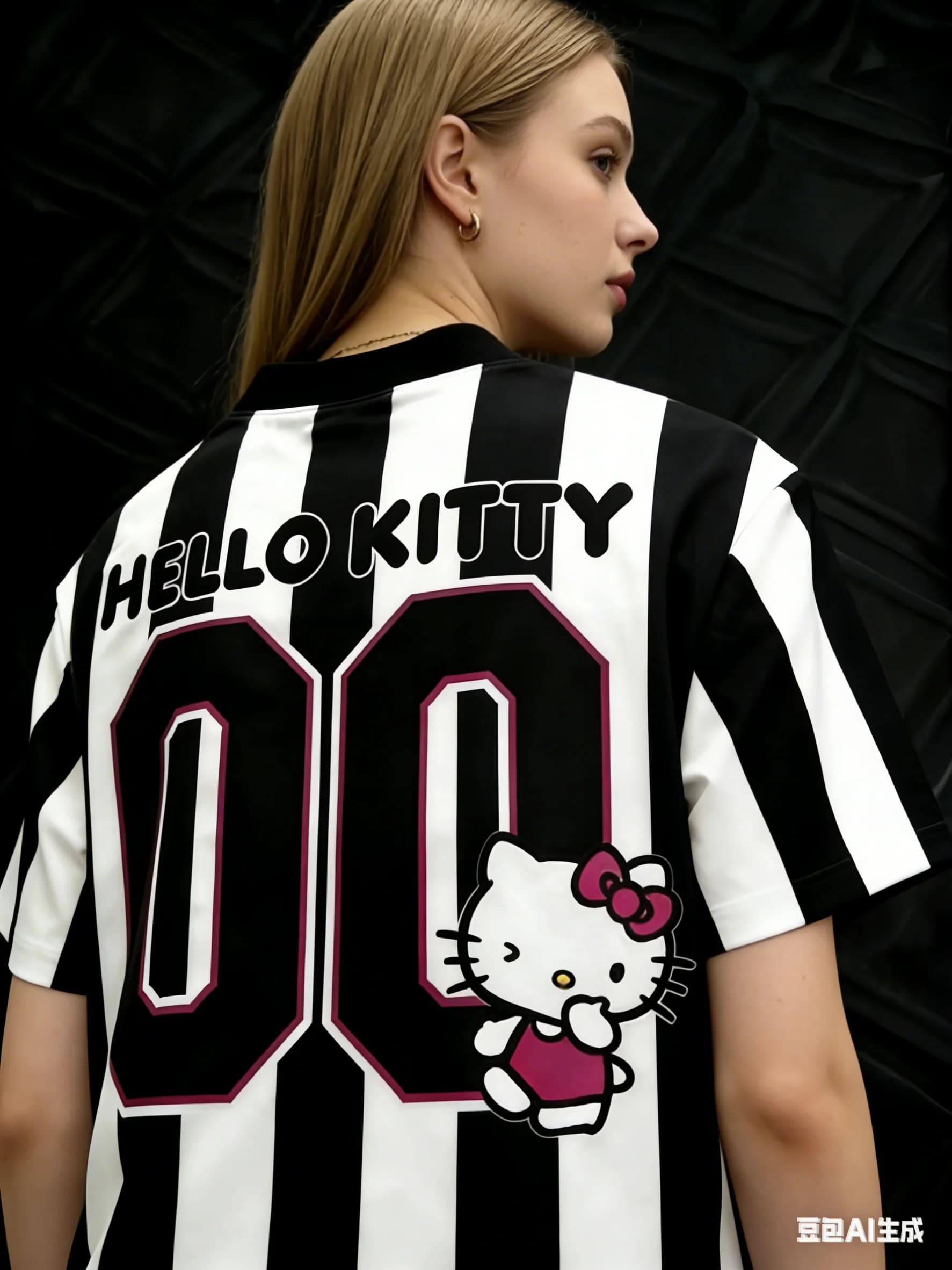 Maglietta Estiva 2026 Hello Kitty a Righe da Calcio, T-Shirt da Donna Carina con Numero 00, Maglia a Righe Bianche e Nere, Top Casual Streetwear
