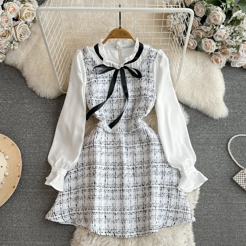 Nuovo autunno manica lunga svasata fiocco in nastro mini abito bianco nero per donna chic falso patchwork in due pezzi corto elegante abito a linea