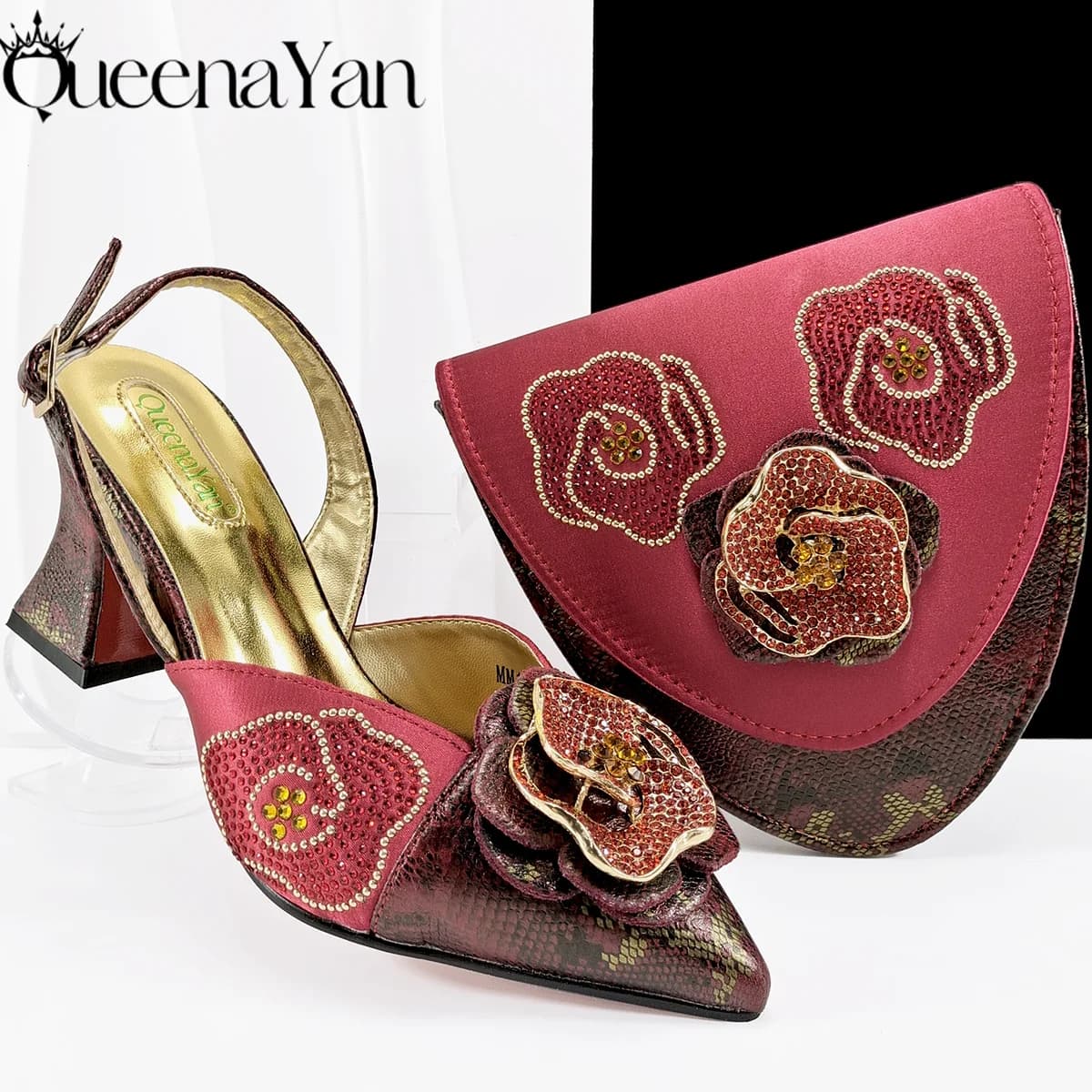 Queena Yan 2025 Set di scarpe e borse firmate da donna eleganti con tacco alto color rosso e vino per matrimoni Occasioni speciali