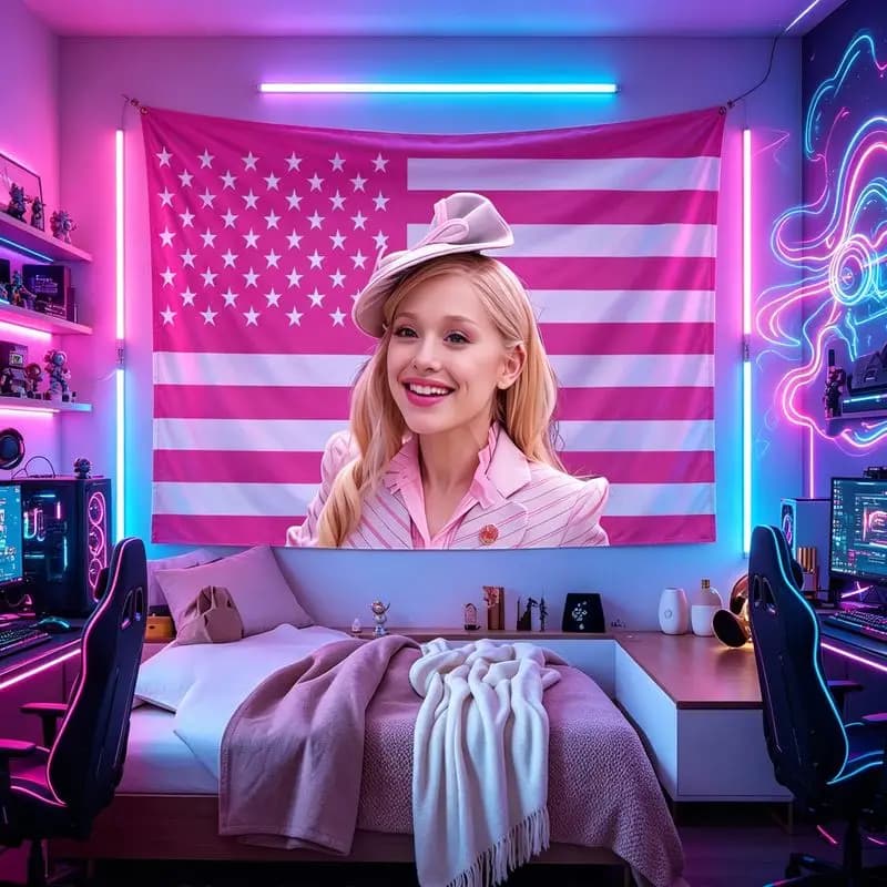 VIKAMA Pink American Flag Female Portrait Wall Tapestry Neon Aesthetic Vibrant Wall Hanging for Gaming Room Dorm Bedroom Decor
