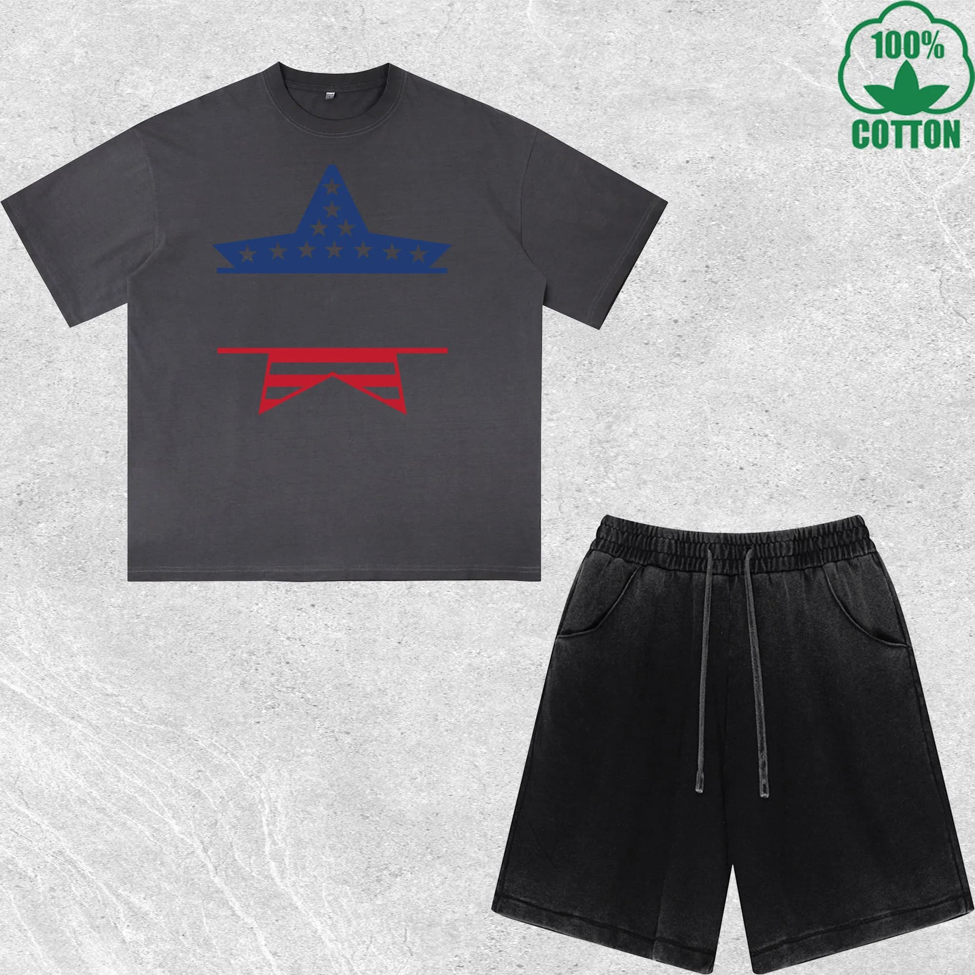 Set T-Shirt e Pantaloncini con Stampa Stella USA, Effetto Lavato, Multicolore, Stile Trendy, 100% Cotone
