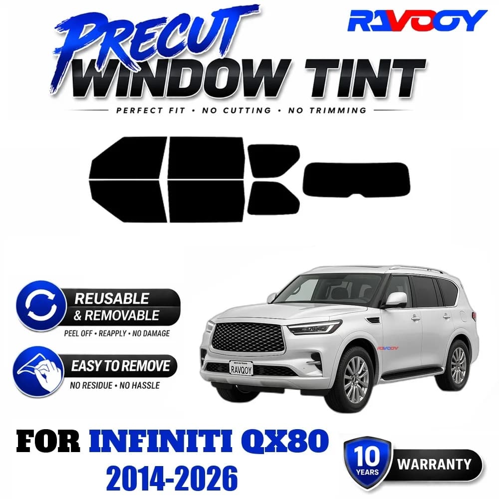RAVOOY Precut Window Tint, Reusable Removable EPU Film, Custom Fit for Infiniti QX80 2014-2026, UV Heat Protection