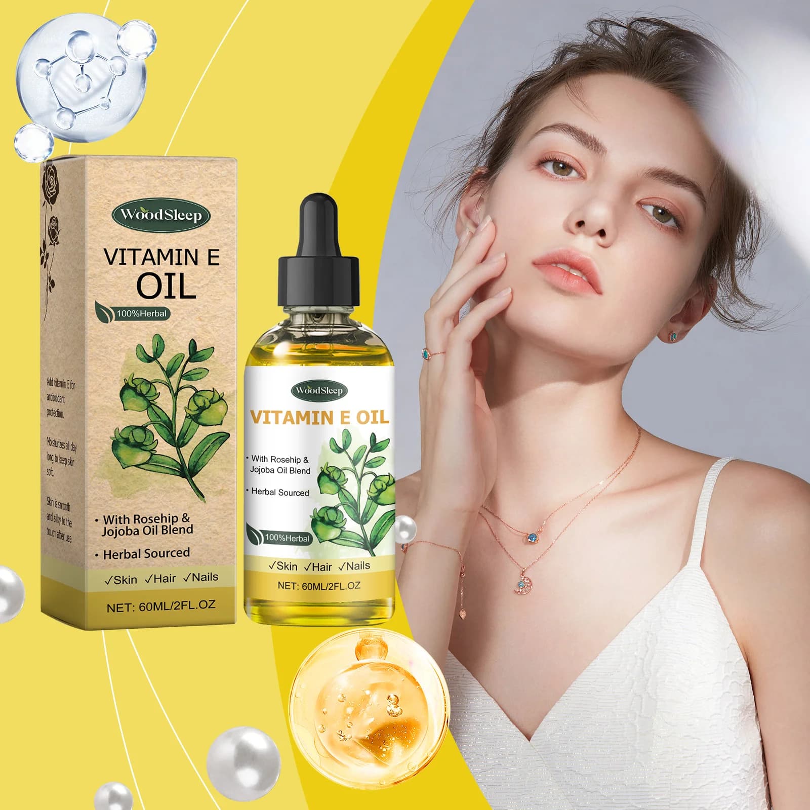 Natural Vitamin E 60ml Essential Oil For Massage, Skin Care, Scratching, Shower, Face, Body, Nails, Hair, Eyelash, Universal Daily Care