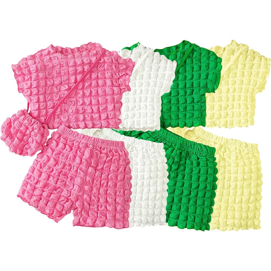 Girl Summertime Wardrobe Essential Round Neck Bubble Tops Shorts and Bag 3-Piece Children Set for Trendy and Comfortable Clothes