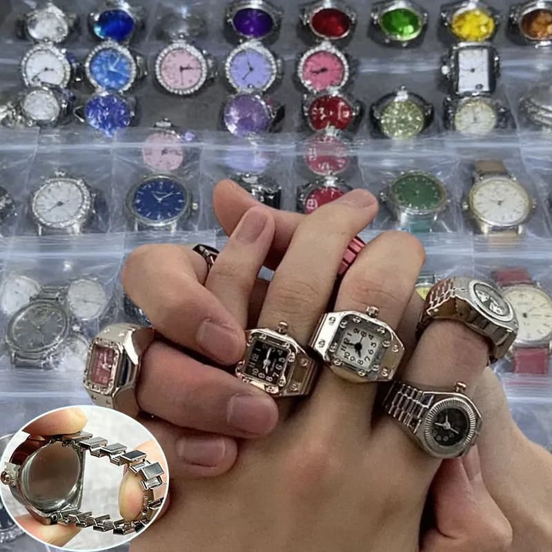 Fashion Mini Quartz Watch with Ring for Men and Women, Metal Alloy Elastic Strap, Punk Ring for Couples, Gift Jewelry