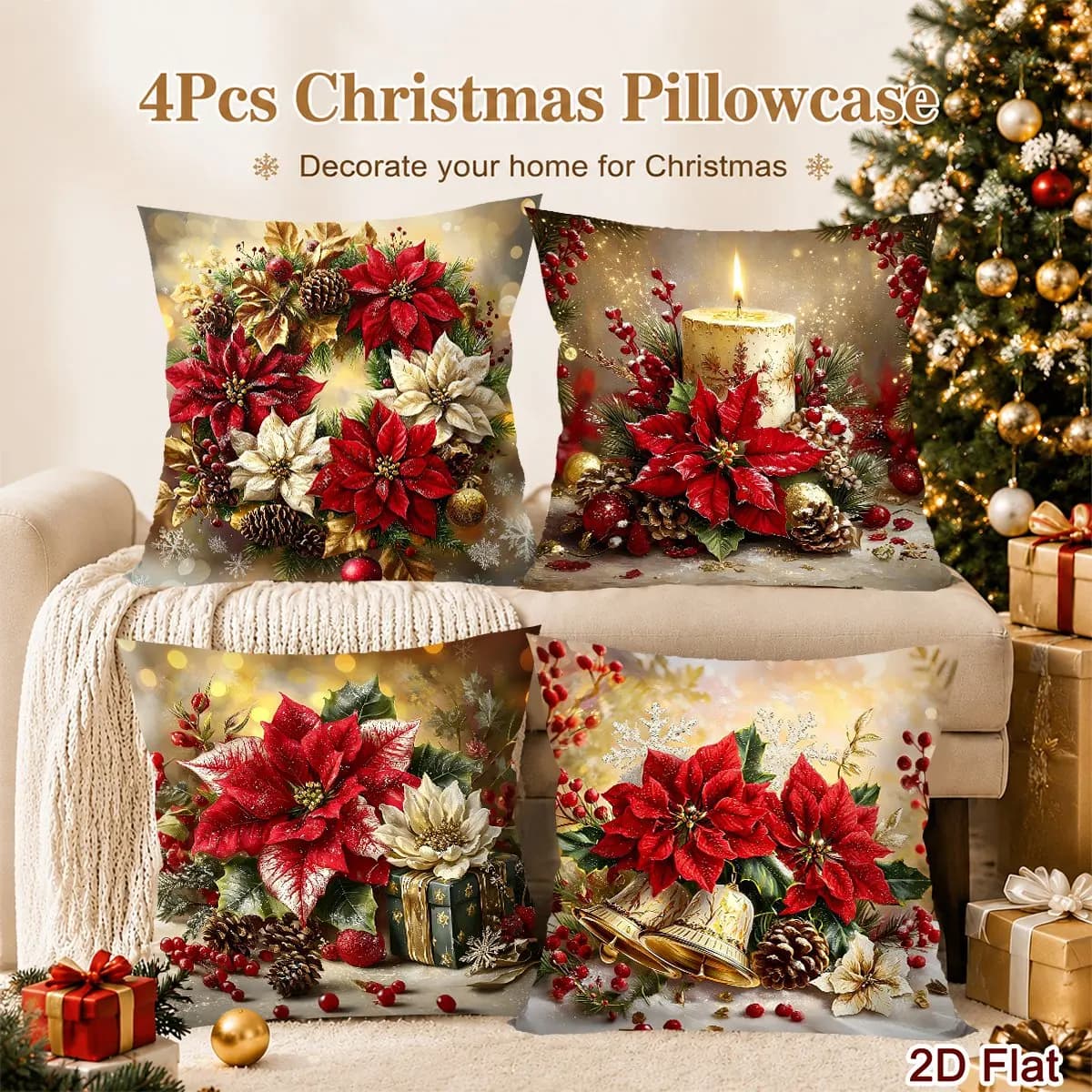 4pcs Christmas Pillow Cover Poinsettia Candle Print Cushion Cover for Home Sofa Bedroom Decor Christmas Gifts No Pillow Insert