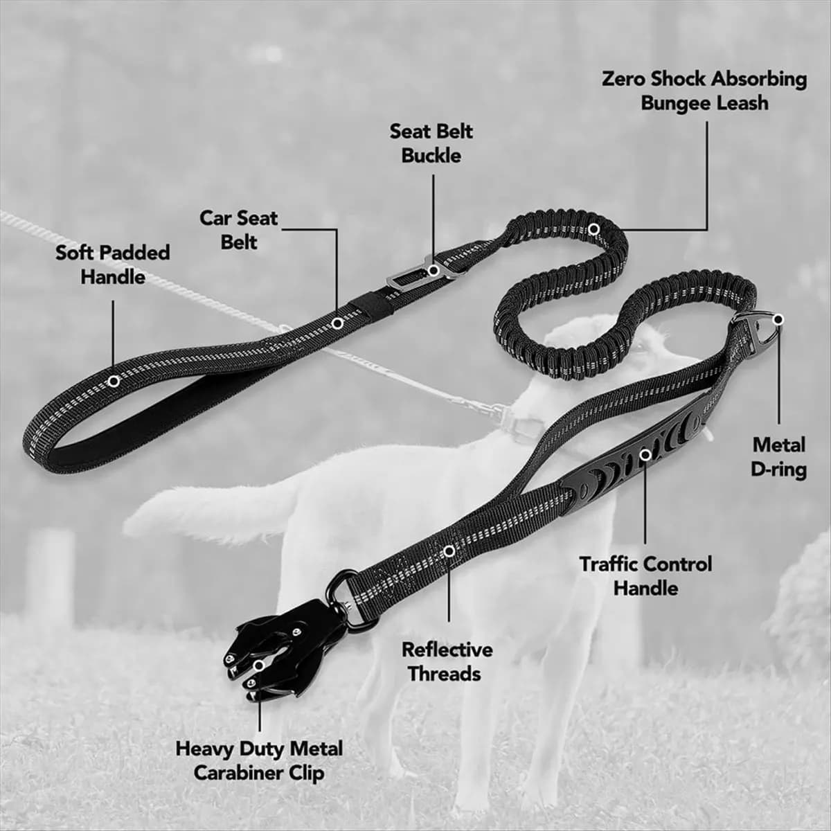 Guinzaglio per cani A24I resistente, guinzaglio per cani Bungee ammortizzante da 4-6FT + 2 maniglie imbottite, moschettone in metallo, cintura di sicurezza per auto nera