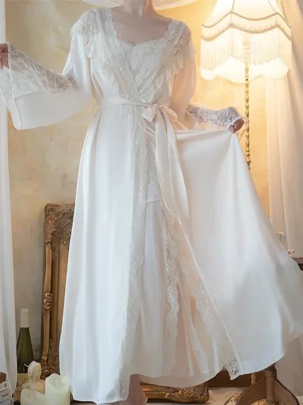 New Female Long Robe camicia da notte Set Sexy Lace Trim Sleepwear bretella camicia da notte primavera estate Casual Satin Home Dress accappatoio