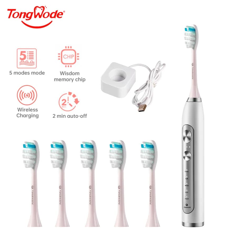 Tongwode Ultrasonic Electric Toothbrush Wireless Charging IPX7 Waterproof Replacement Heads Teeth Whitening Timer Smart 6 Brush