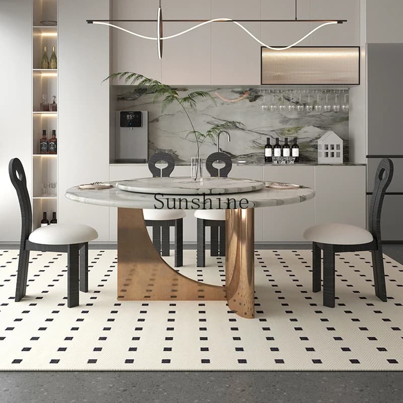 Tavolo da pranzo rotondo francese in marmo leggero giradischi con cintura in acciaio inossidabile di fascia alta di lusso