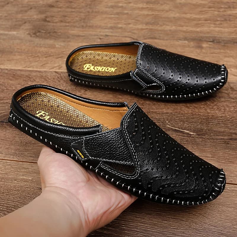 Large Plus Size 45 46 Semi-Drag Casual Shoes Men's slippers Summer Slip on in real leather Half men's shoes Mocassini Slippers Apartments