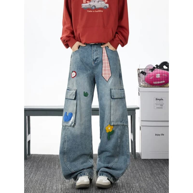 Jeans da lavoro creativi e divertenti con ricami floreali per il commercio transfrontaliero, pantaloni larghi a gamba larga stile street americano, in stile street.