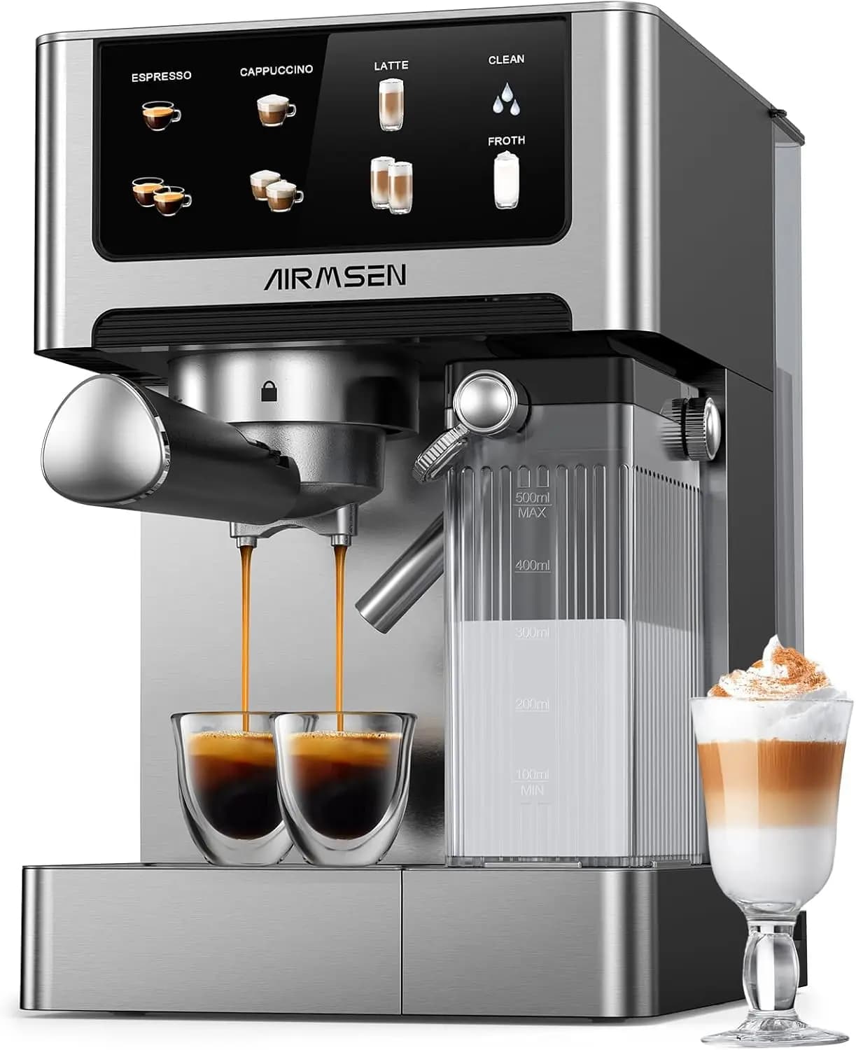 Macchina per Espresso 20 Bar con Montalatte Automatico, Doppia Caldaia, Controllo Touch Screen, Design in Acciaio Inossidabile