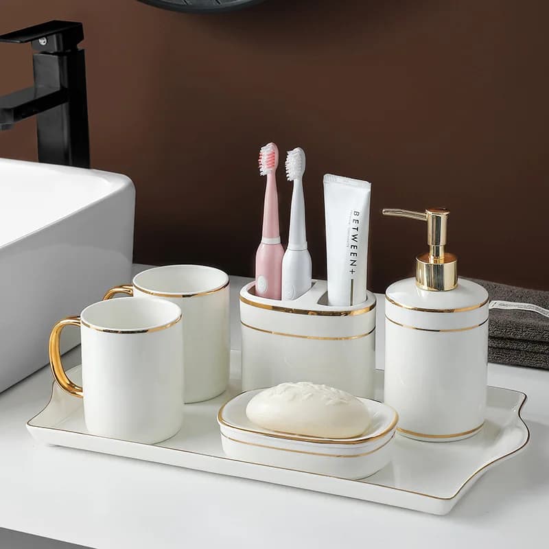 Set da toilette per il bagno Contenitore per bottiglie di lozione in ceramica Porta spazzolino Tazza per denti Porta sapone Accessori per la decorazione della casa