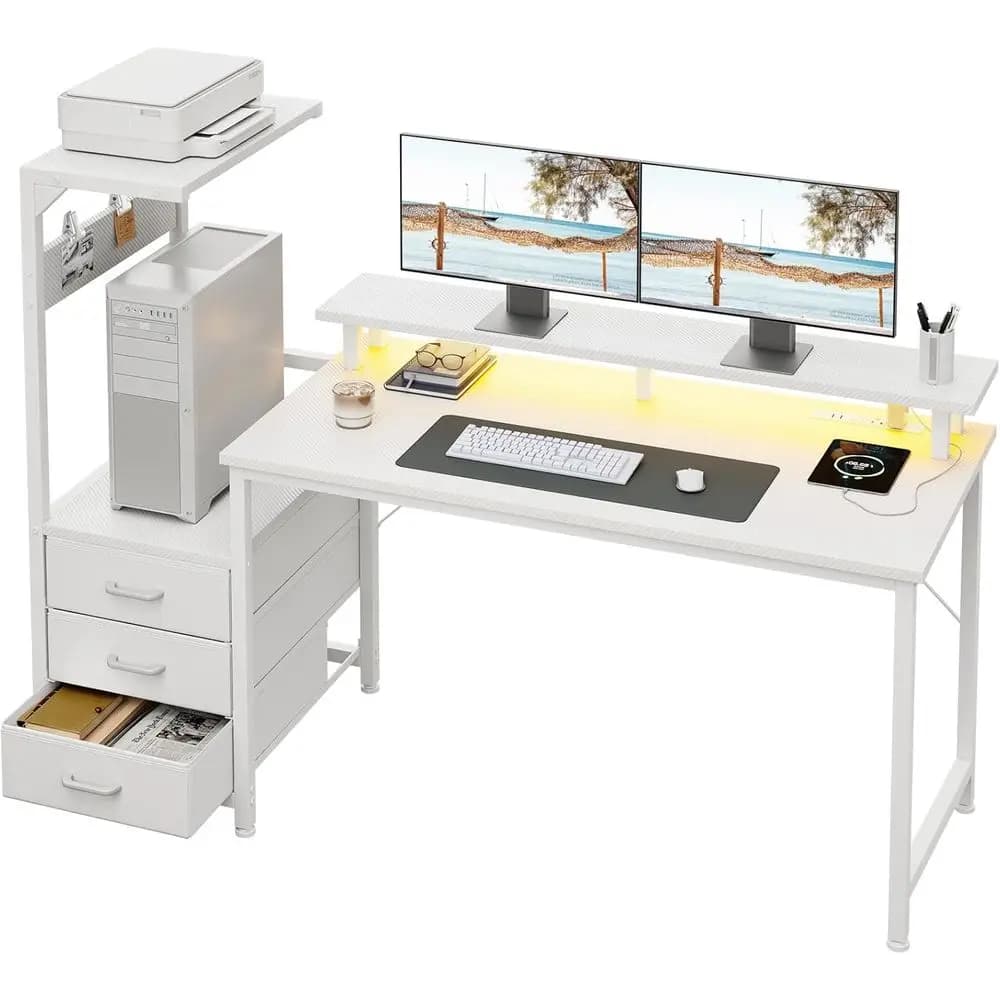 Scrivania da Gaming con 59 LED, Porte USB, Piano Reversibile, Ripiani Portaoggetti e Supporto per Monitor, Bianca
