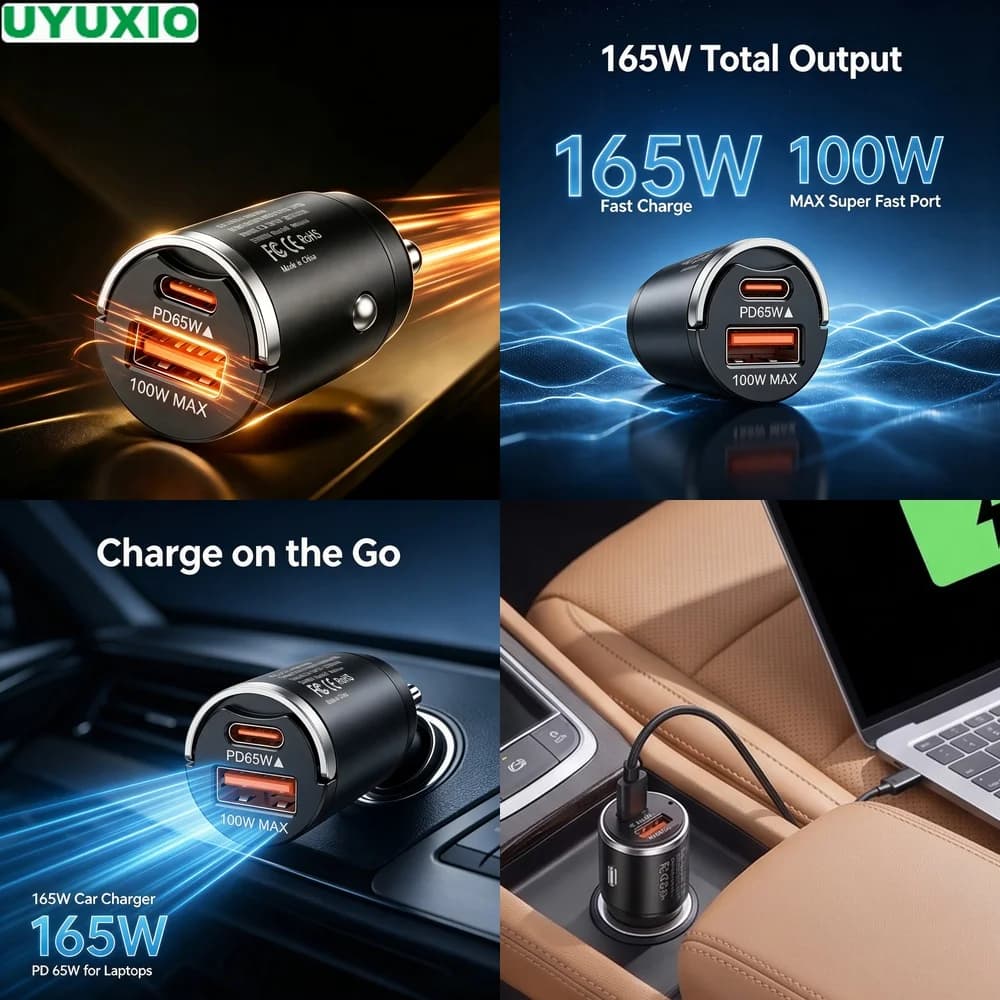 165W Flush Fit Car Charger PD 65W Type C and 100W USB A Power for Smartphones Tablets and Notebooks Zinc Alloy Flush Fit Design