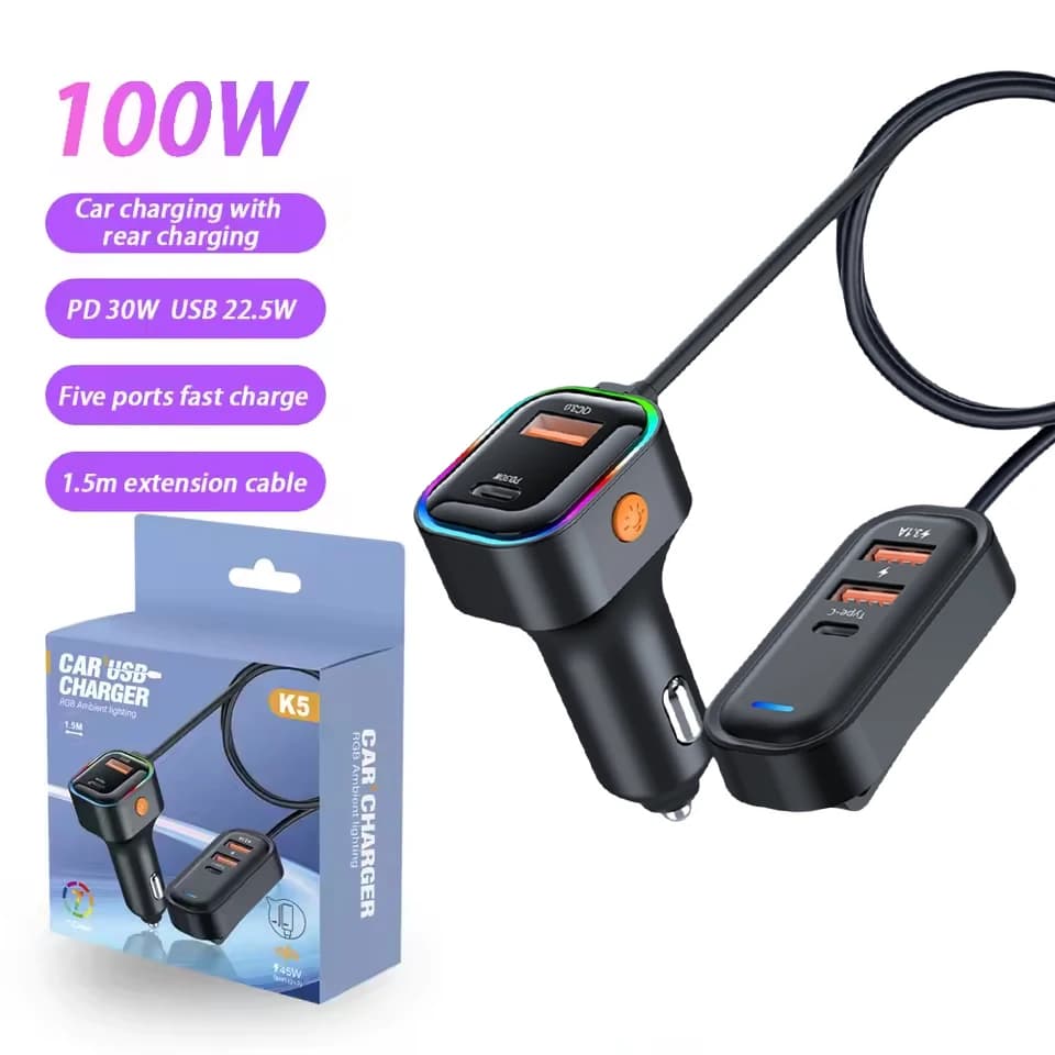 Caricabatteria da auto da 100 W con ricarica in fila posteriore Caricatore da viaggio per auto USB a 5 porte Adattatore di ricarica rapida PD di tipo C per iPhone Xiaomi Samsung