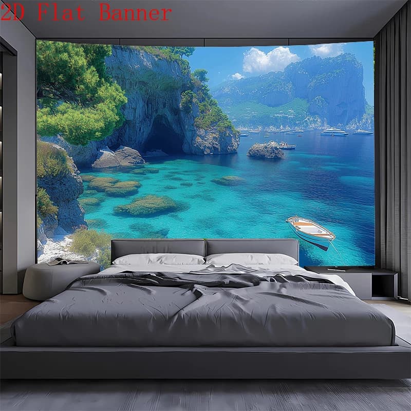 Nature Landscape Ocean Mountain Tapestry Polyester Wall Hanging Sky Scenery For Living Room Bedroom Office Decor