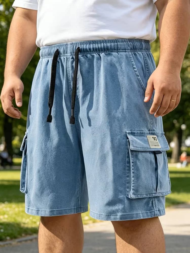 Men's Summer Denim Shorts Big Size Elastic Waist Slight Stretch Cotton Blends Loose Fit Cargo Shorts with 5 Pockets