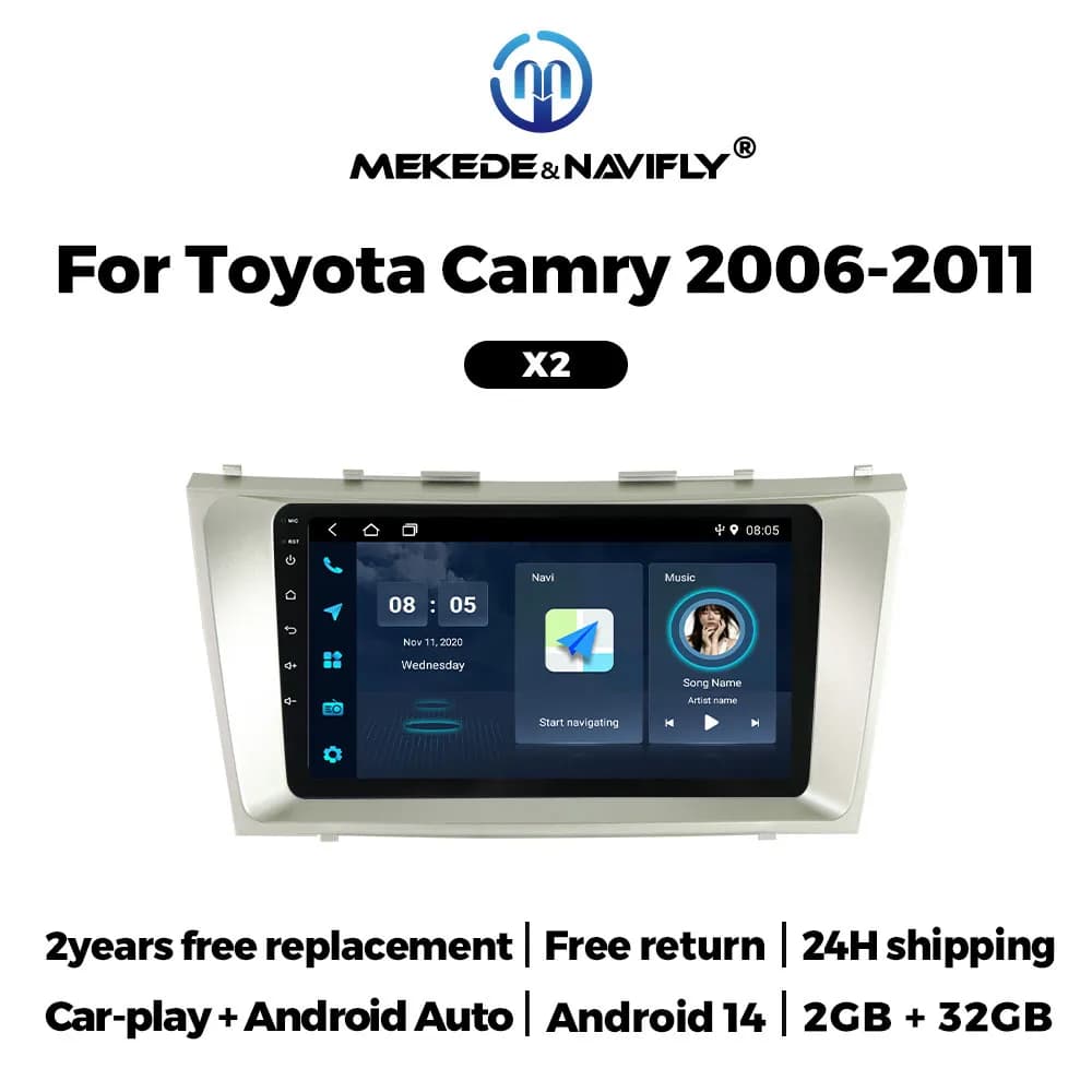 Android 4-core 9-inch stereo multimedia autoradio for Toyota Camry 2006-2011 with Carplay wireless, GPS and Bluetooth.