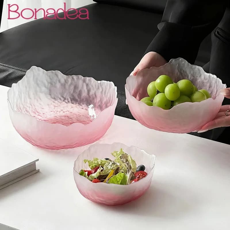 Ciotole per insalata di frutta rosa satinato creativo Ciotola di vetro ghiacciaio per uso domestico Snack Piatti di frutta secca, Ciotole da dessert Utensili da cucina