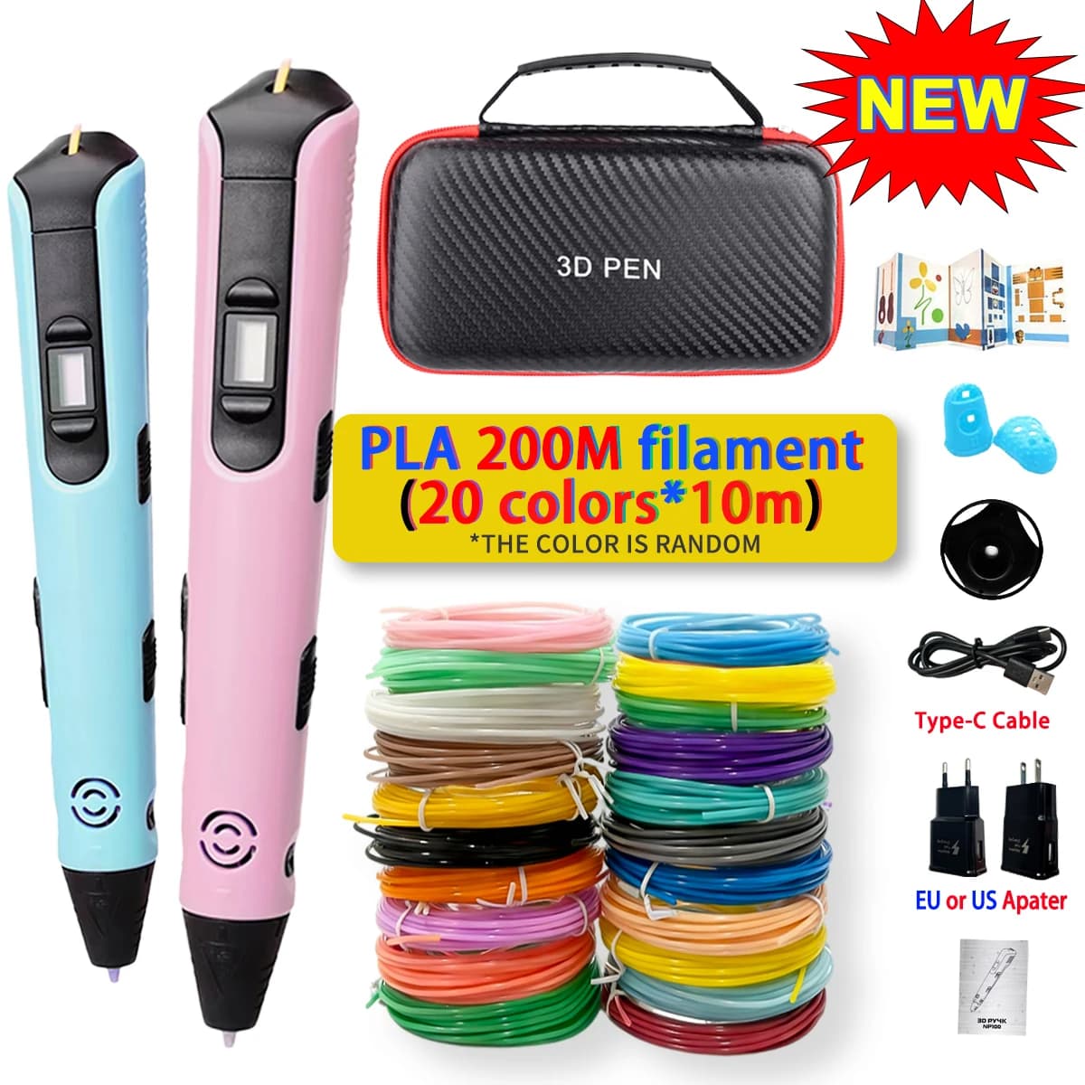 New Children Pen 3D Printing Pen 3D Printing Pen DIY Pen Christmas Gift for Creative Children Travel Case with Filament Adapter PLA