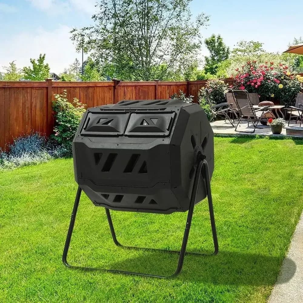 Large 45 Gallon Dual Chamber Rotating Compost Bin with Wider Sliding Door for Outdoor Garden Composting