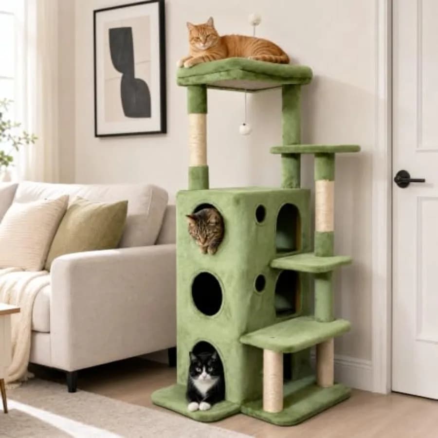48 Cat Tree Tower for Indoor Cats, Sisal Scratching Posts Climbing Steps, Green, Multi-Level Cat House with 3 Cozy Condos and E