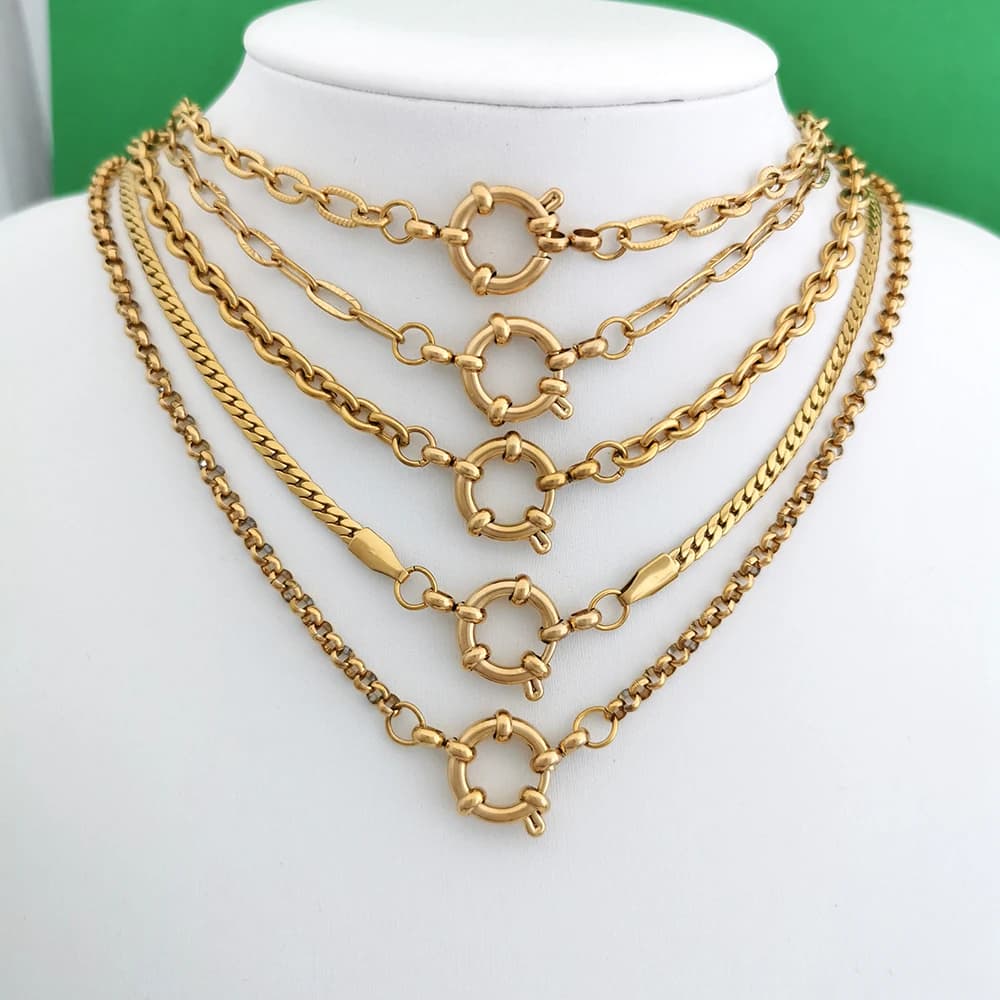 Collana Girocollo Primaverile con Chiusura a Moschettone per Donna e Uomo, in Acciaio Inossidabile, Catena a Maglie Geometriche Paperclip e Rolo, Colore Oro PVD, Ingrosso